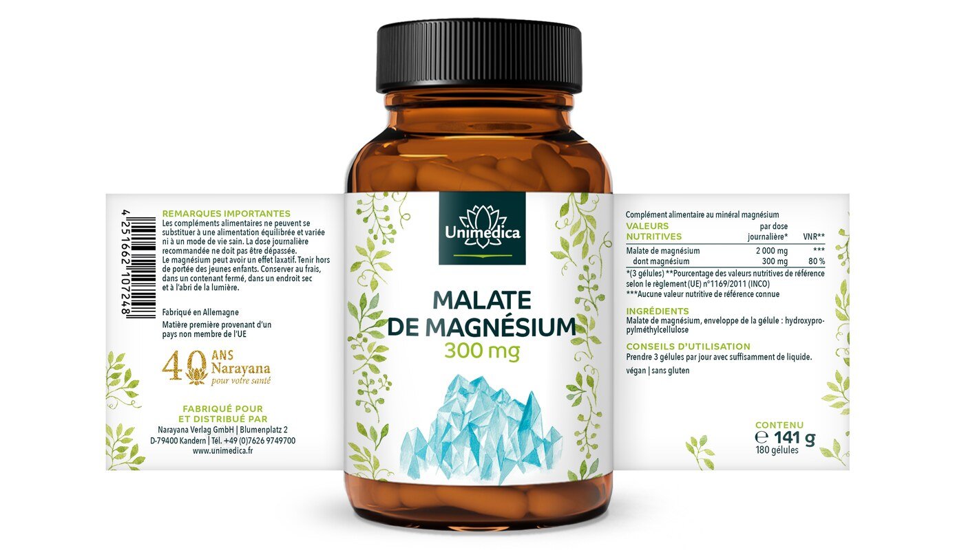 Malate de magnésium  - 300 mg de magnésium par dose journalière (3 gélules) - 180 gélules - par Unimedica