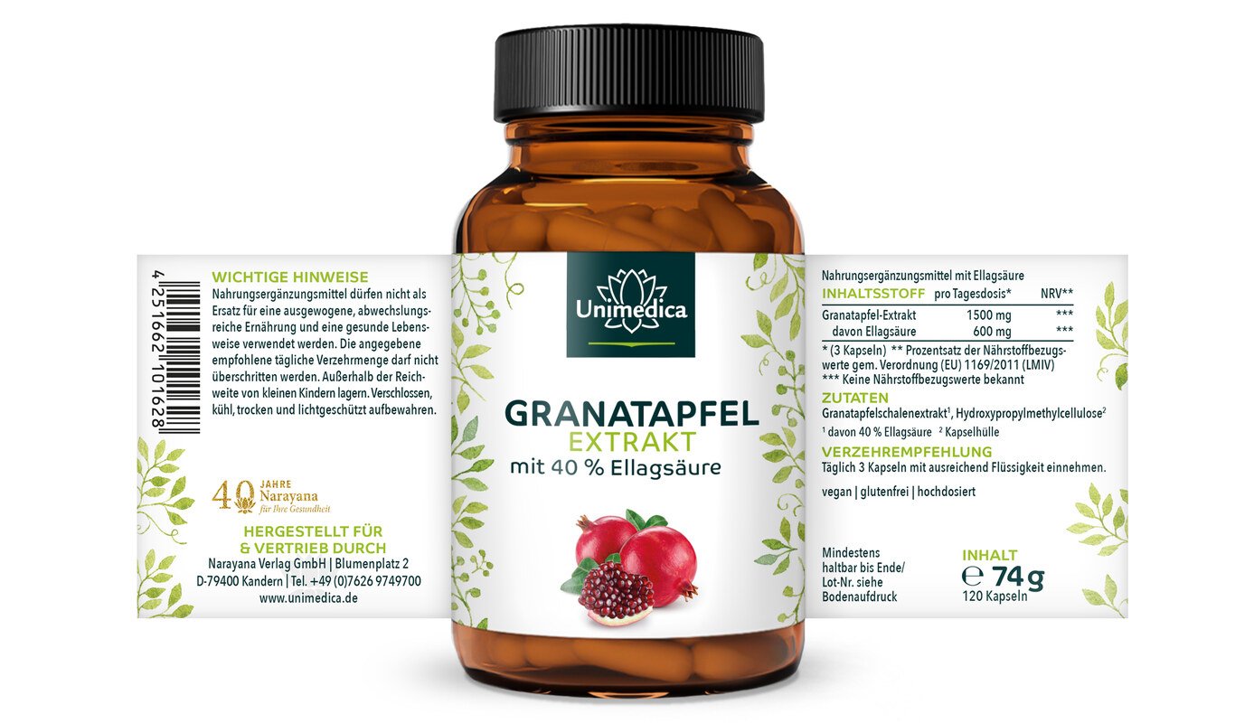 Lot de 2: Extrait de grenade - 1 500 mg - 40 % d'acide ellagique - 2 x 120 gélules - Unimedica