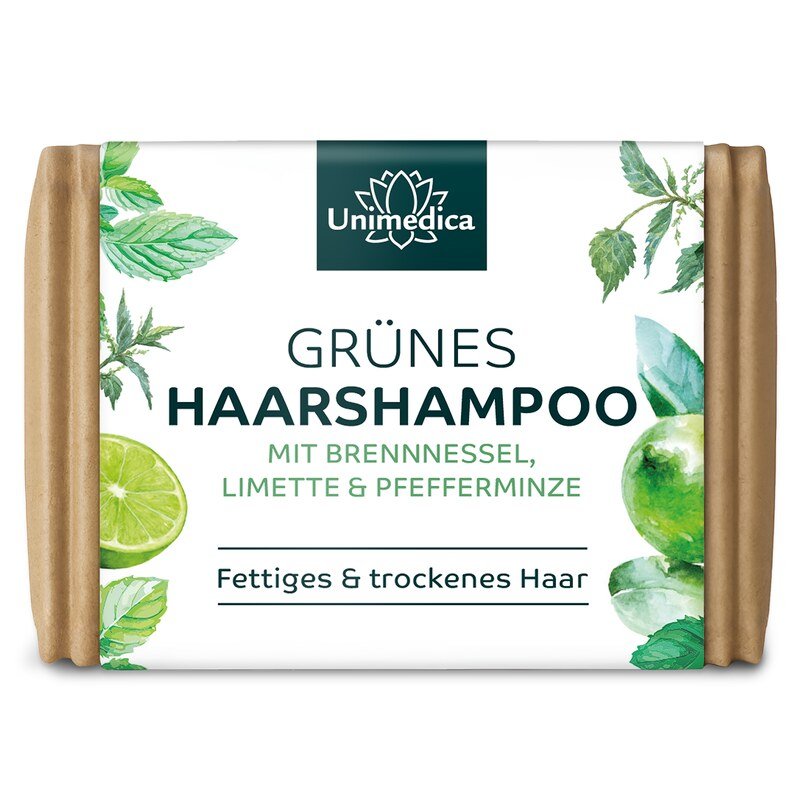 Shampoing vert  à l'ortie, au citron vert et à la menthe poivrée  pour cheveux gras et secs - 100 g - par Unimedica