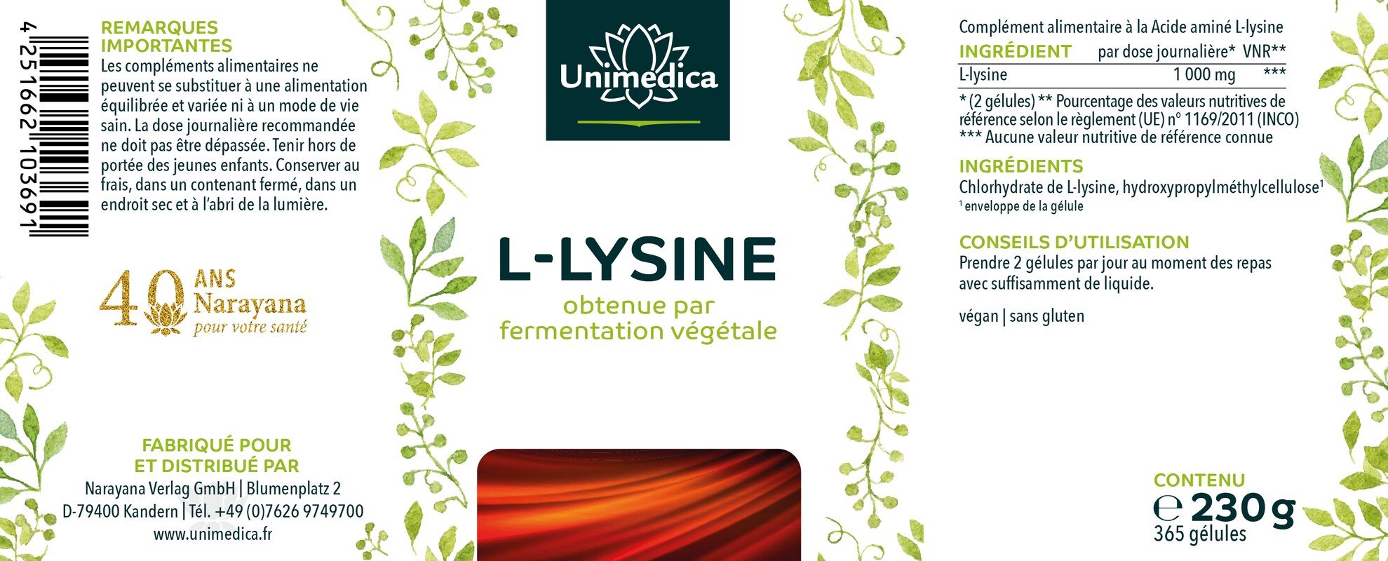 L-lysine - 810 mg de L-lysine par dose quotidienne (2 gélules) - 365 gélules - par Unimedica