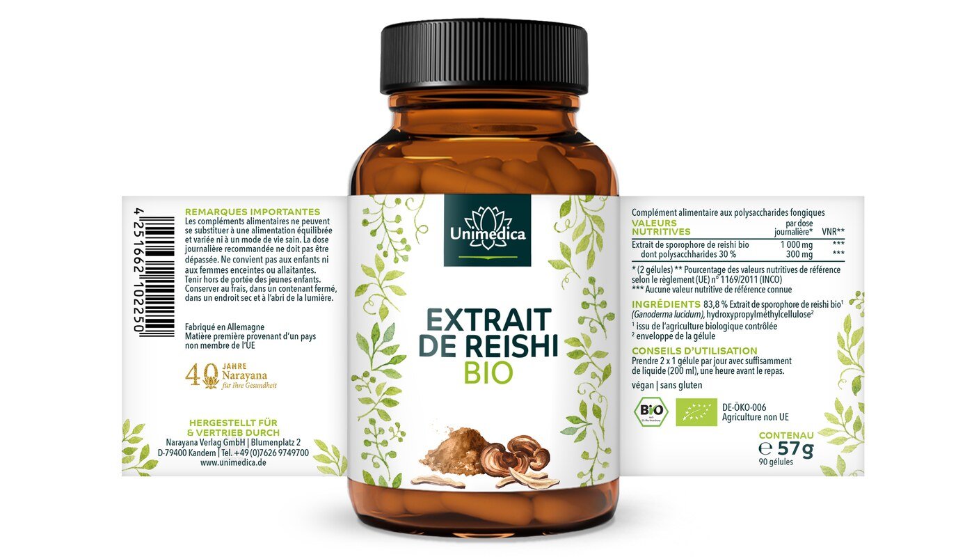 Lot de 2: Reishi BIO - 1000 mg en dose quotidienne (2 gélules)  extrait de reishi avec 30 % de polysaccharides - 2 x 90 gélules - par Unimedica