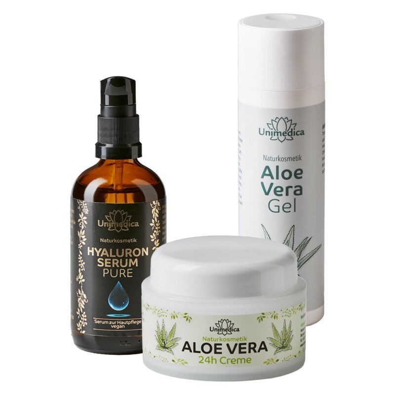 Lot de 3: Gel d'aloe vera + Crème 24h à l'aloe vera + Sérum hyaluronique - 200 ml + 50 ml + 100 ml - par Unimedica