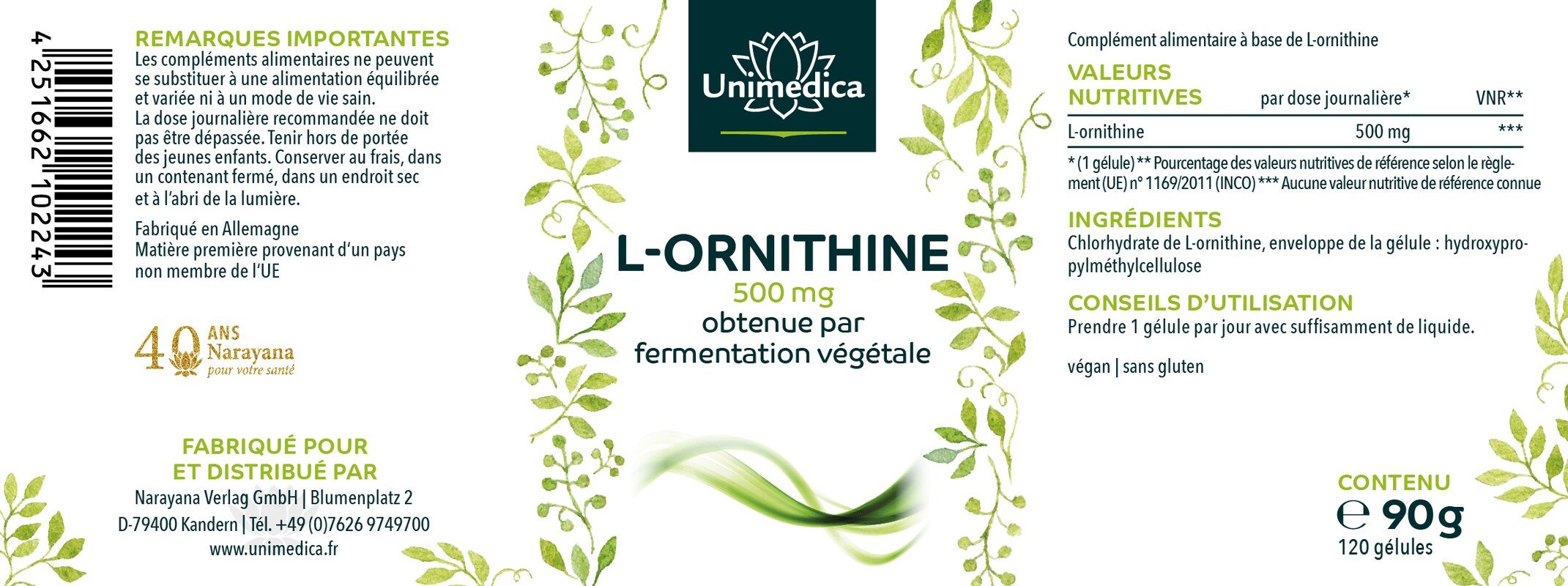 L-ornithine - 500 mg - 120 gélules - par Unimedica