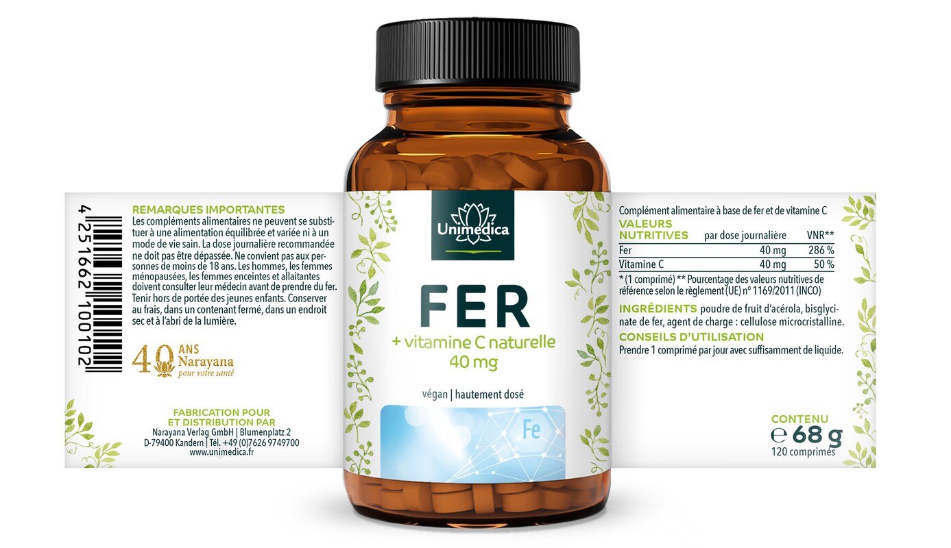 Fer en comprimés - bisglycinate de fer - avec vitamine C naturelle - 120 comprimés - par Unimedica