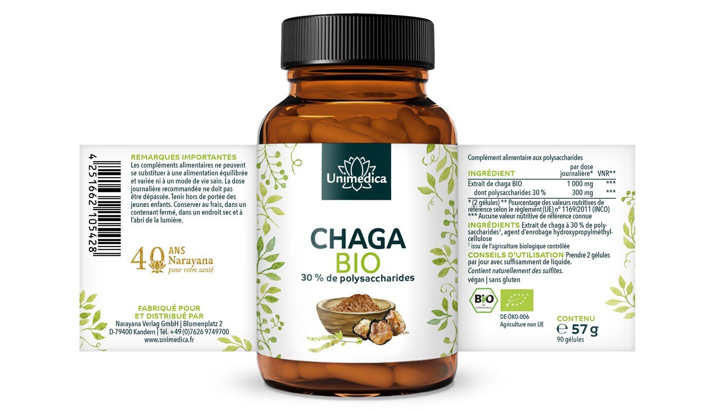 Chaga bio - 1 000 mg par dose journalière (2 gélules) - extrait avec 30 % de polysaccharides  haut dosage - 90 gélules - par Unimedica