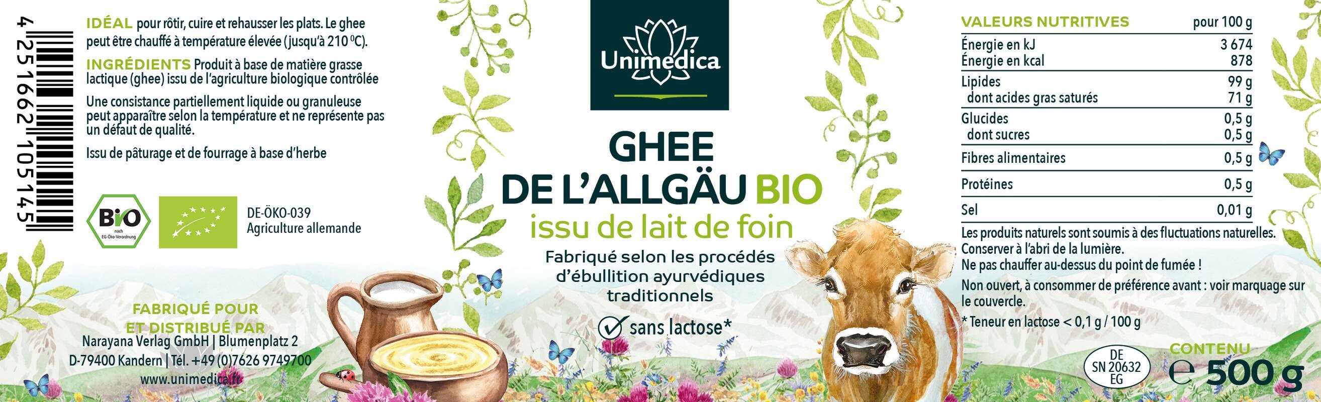 Ghee BIO  lait de foin de l'Allgäu  issu du pâturage et du fourrage à base d'herbe - 500 g - par Unimedica