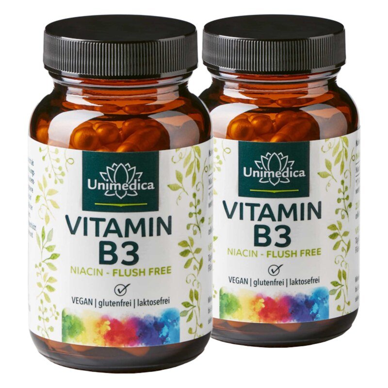 Lot de 2: Vitamine B3 niacine « Flush Free » - 500 mg par dose quotidienne (1 gélule) - 2 x 90 gélules - par Unimedica