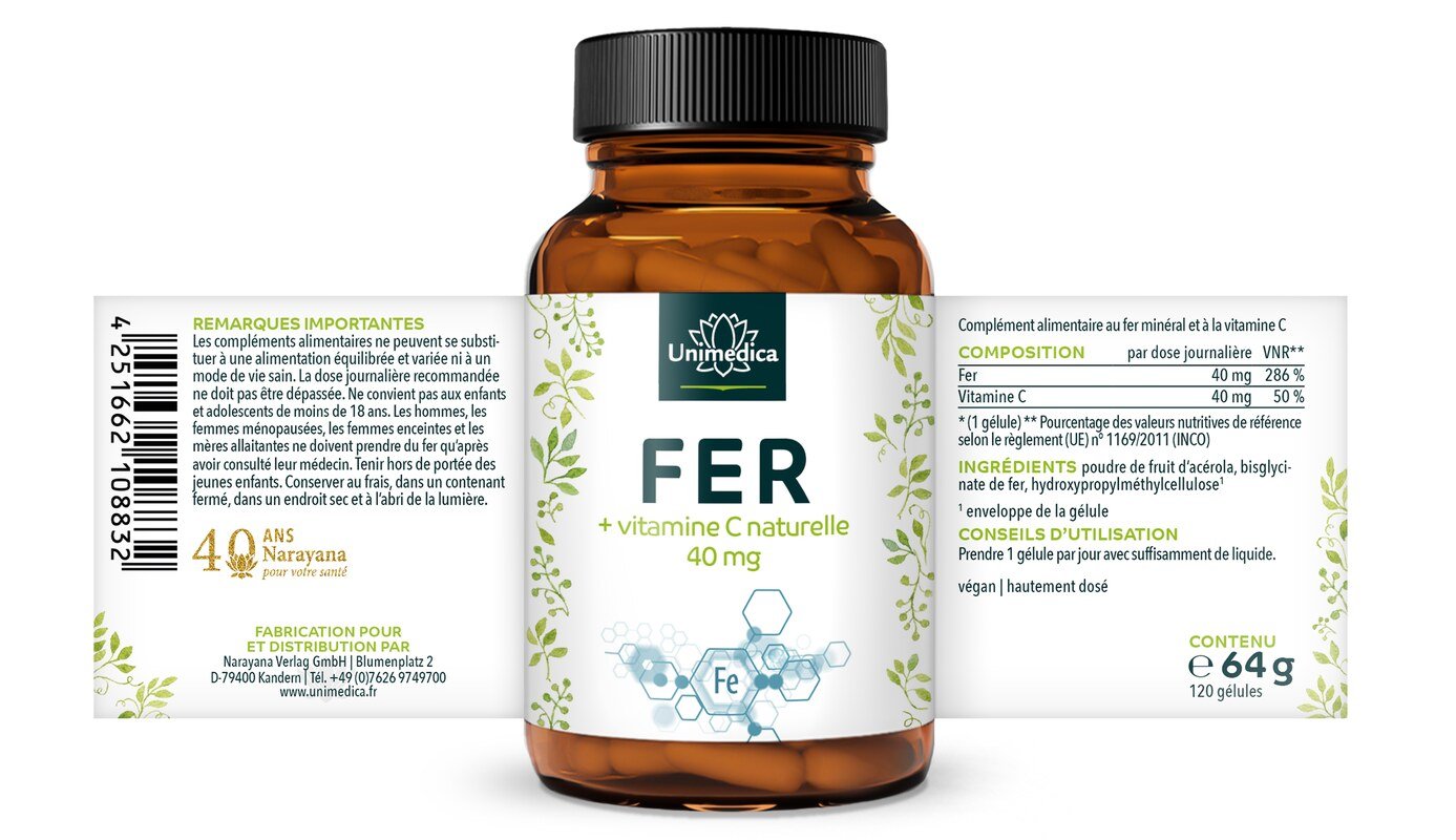 Gélules de fer - bisglycinate de fer - avec vitamine C naturelle - 120 gélules - d'Unimedica