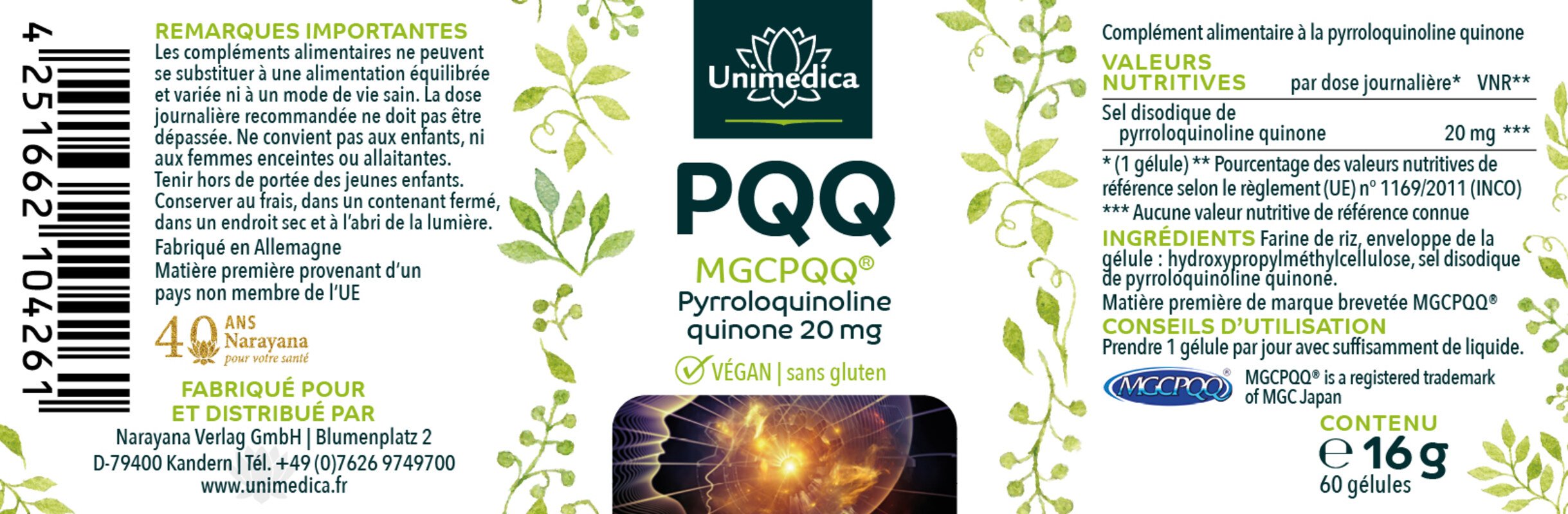 PQQ (MGCPQQ) pyrroloquinoline quinone - 20 mg par dose journalière (1 gélule) - 60 gélules - par Unimedica
