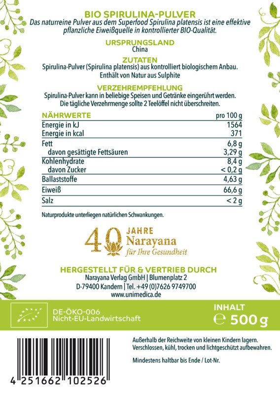 Lot de 2: Poudre de spiruline BIO  2 x 500 g - par Unimedica