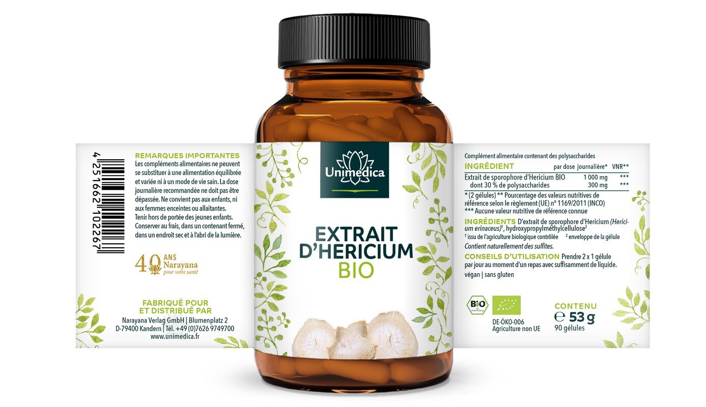 Extrait d'Hericium BIO - 1000 mg par dose journalière (2 gélules) - contient 30 % de polysaccharides - 90 gélules - par Unimedica