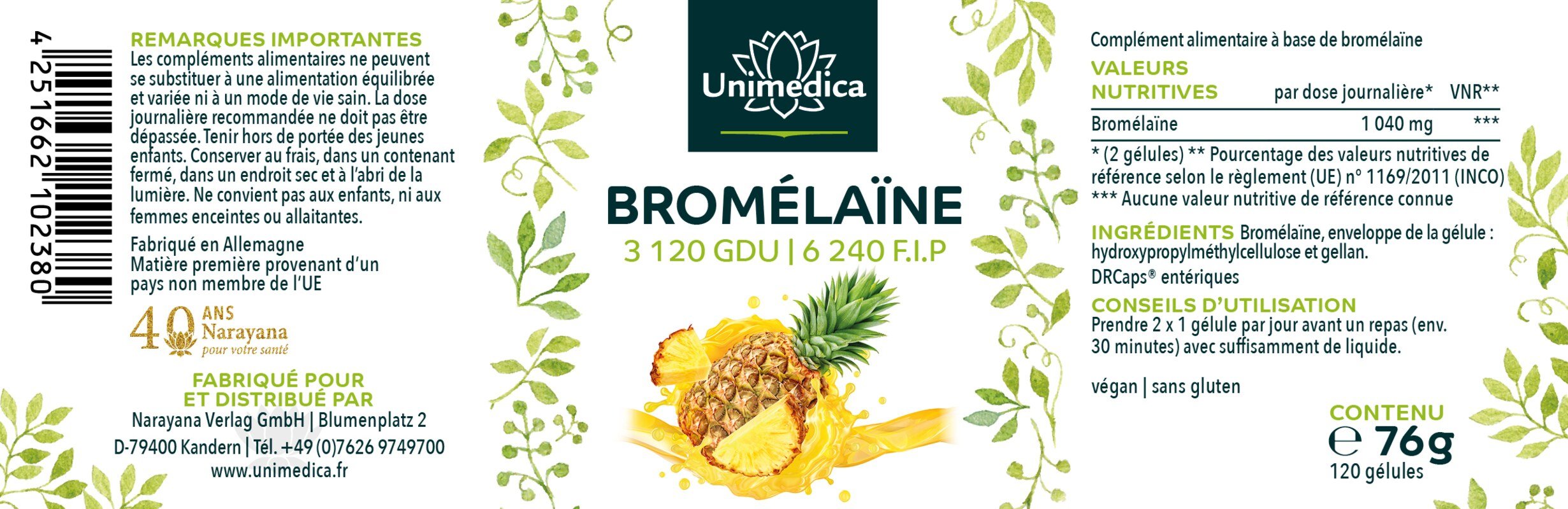 Bromelaïne - 1040 mg et 3.120 UDG | 6.240 F.I.P. par dose journalière (2 gélules)  avec DR Caps entériques - 120 gélules - par Unimedica