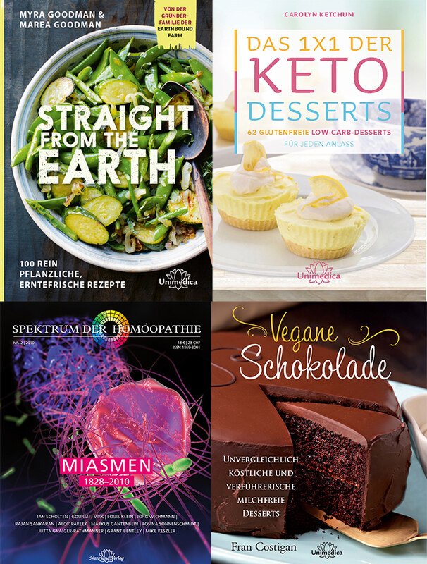 4er-Set - Unimedica Bücher - Das-1x1-der-Keto-Desserts-Carolyn-Ketchum, Straight-from-the-Earth,Vegane-Schokolade-Fran-Costigan, Spektrum Homöopathie Miasmen