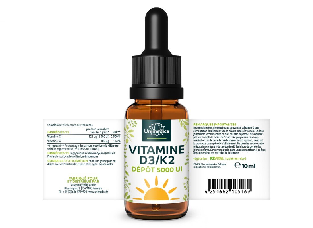 Vitamine D3 / K2 5 000 UI - DEPÔT - K2VITAL® - 125 µg D3 et 100 µg K2 par dose tous les 5 jours (1 goutte) - 10 ml - par Unimedica