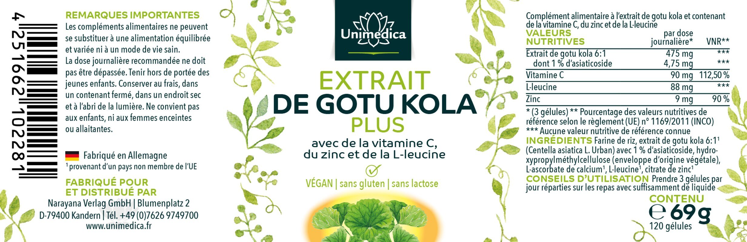 Extrait de gotu kola 6:1 Plus  avec de la vitamine C, du zinc et de la L-leucine - 120 gélules - par Unimedica