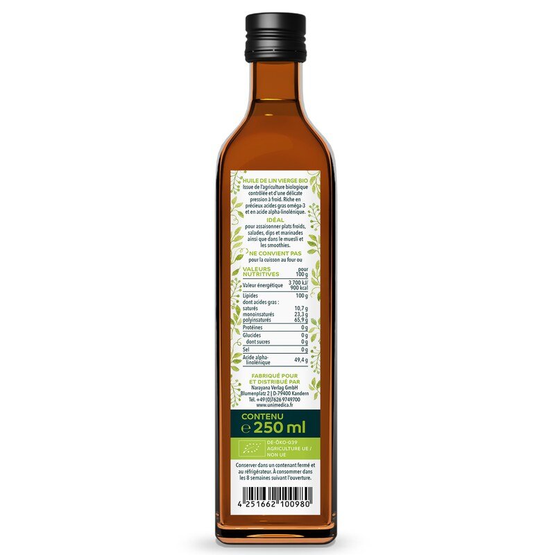 Huile de lin biologique vierge - pressée à froid - avec acide alpha-linolénique - 250 ml - par Unimedica