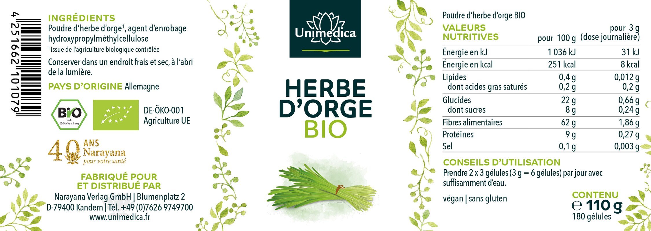 Herbe d'orge BIO - 500 mg - 180 gélules - par Unimedica