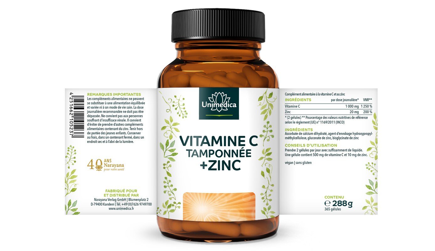 Vitamine C tamponnée + zinc - 1 000 mg de vitamine C et 20 mg de zinc par dose journalière (2 gélules) - 365 gélules - par Unimedica