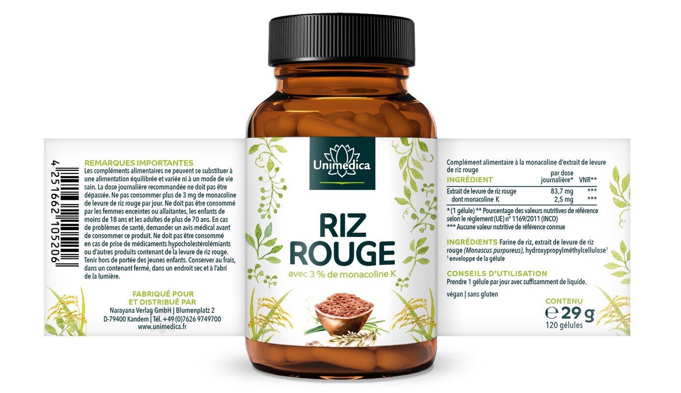 Riz rouge - levure de riz rouge obtenue par fermentation naturelle - avec 2,51 mg de monacoline K par dose journalière (1 gélule) - 120 gélules - par Unimedica