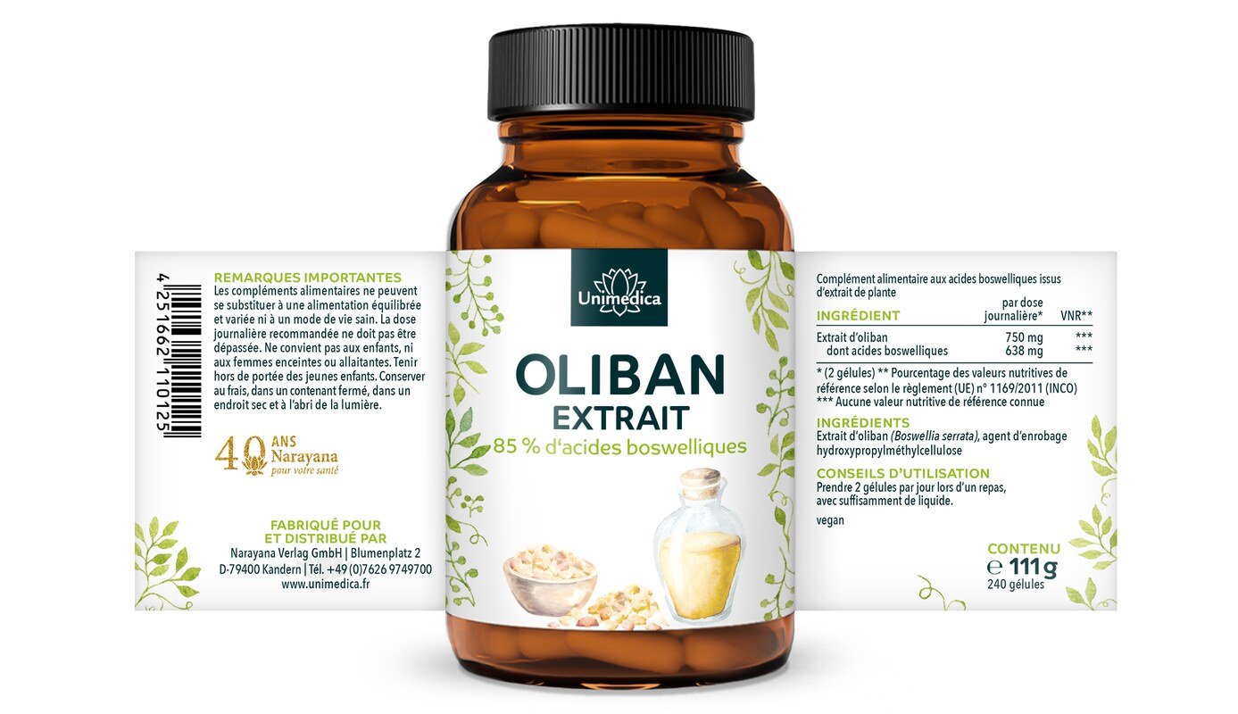 PRÉCOMMANDEZ MAINTENANT : Extrait d'oliban - 85 % d'acides boswelliques - 375 mg par gélule - 240 gélules - par Unimedica