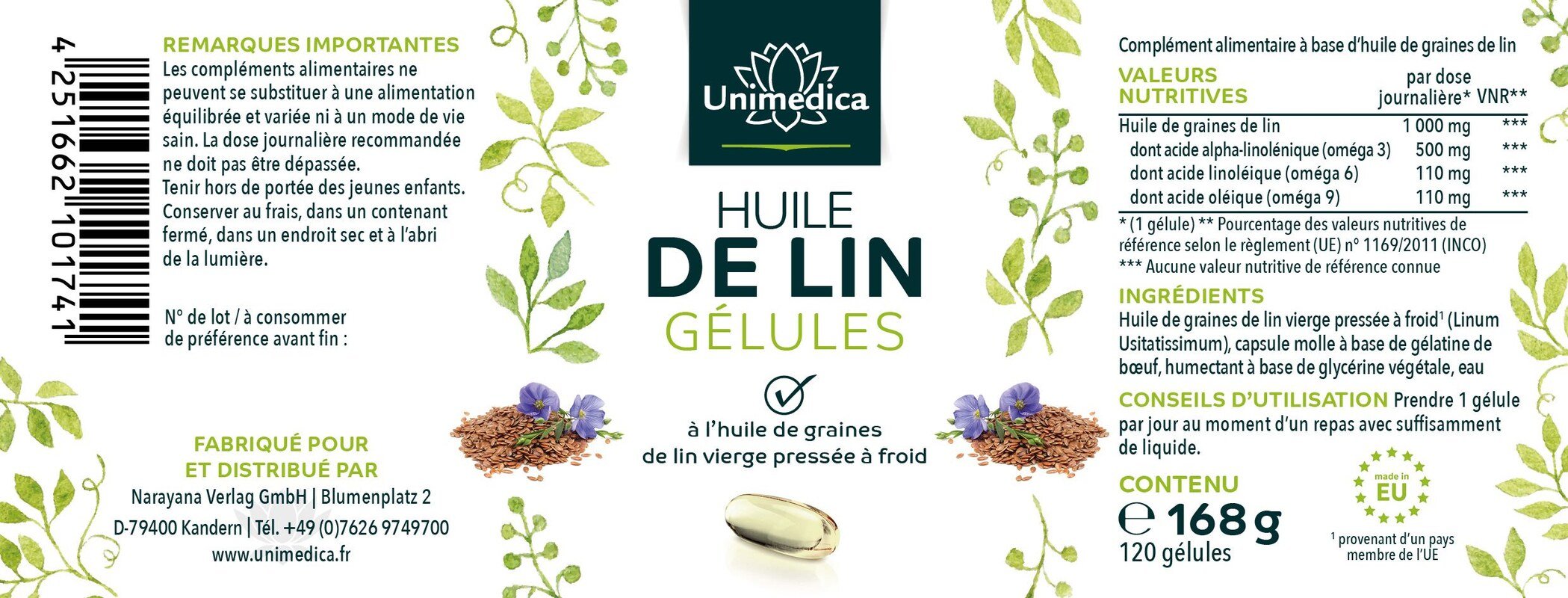 Huile de lin aux acides gras oméga végétaux 3-6-9  1 000 mg - 120 capsules molles - Unimedica