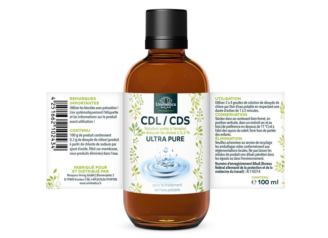 Lot de 2: Solution de dioxyde de chlore CDL/CDS - ULTRA PURE - ≤ 0,3 % prête à l'emploi - 2 x 100 ml  d'Unimedica