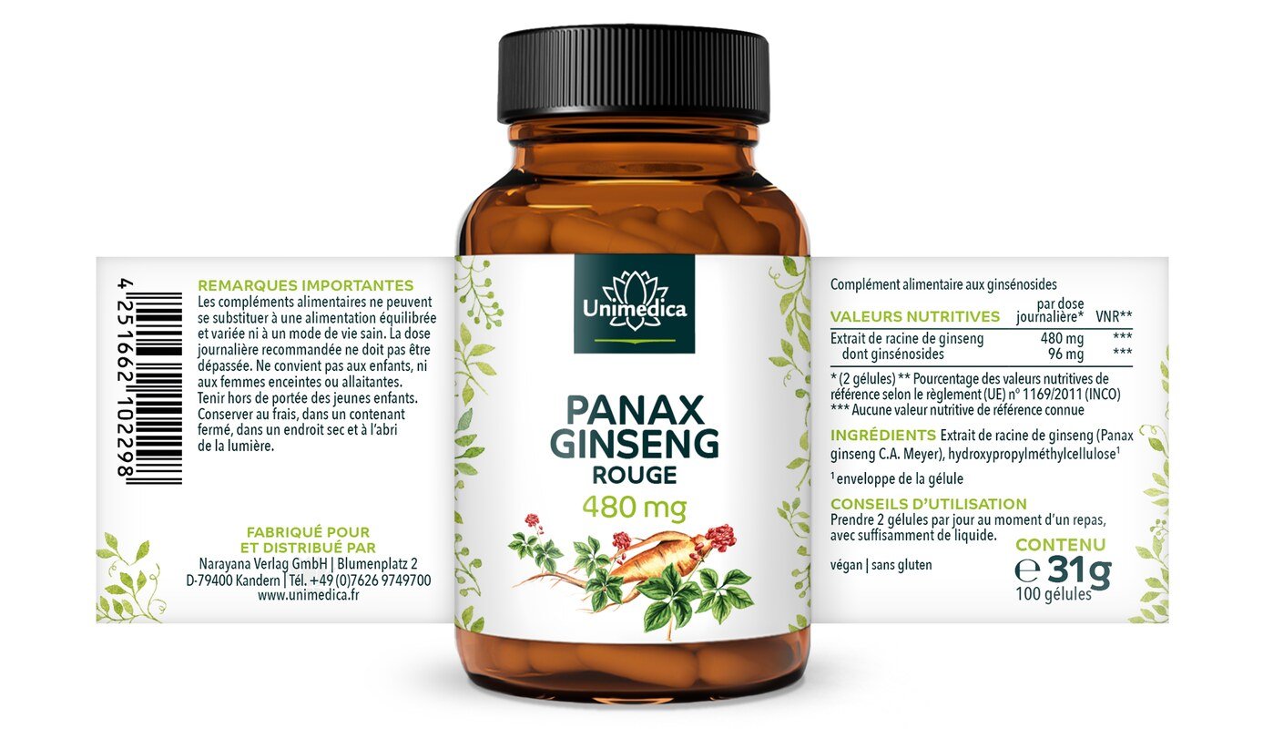 Extrait de Panax ginseng rouge Ginseng coréen C. A. Meyer  100 gélules  par Unimedica