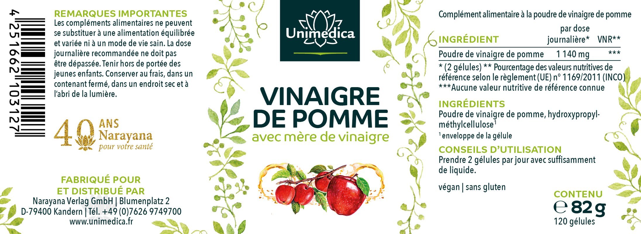 Vinaigre de pomme avec mère de vinaigre - 120 gélules - par Unimedica