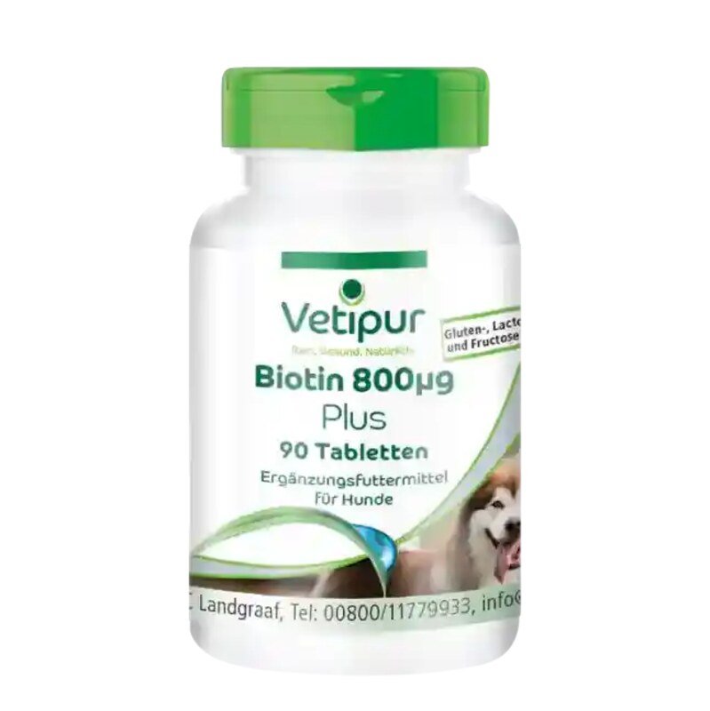 Biotine 800μg avec substances vitales - 90 comprimés - Complément alimentaire pour chiens | Vetipur