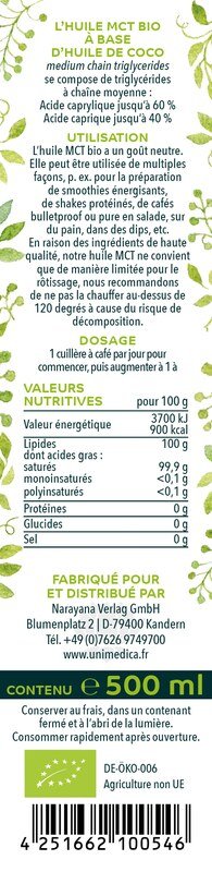 Huile MCT bio - C8 + C10 - 500 ml - d'Unimedica