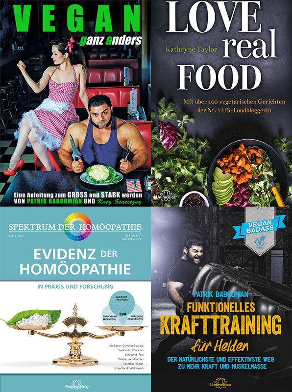 4er-Set - Unimedica Bücher - Love Real Food / VEGAN ganz anders / Funktionelles Krafttraining für Helden / Spektrum: Evidenz der Homöopathie
