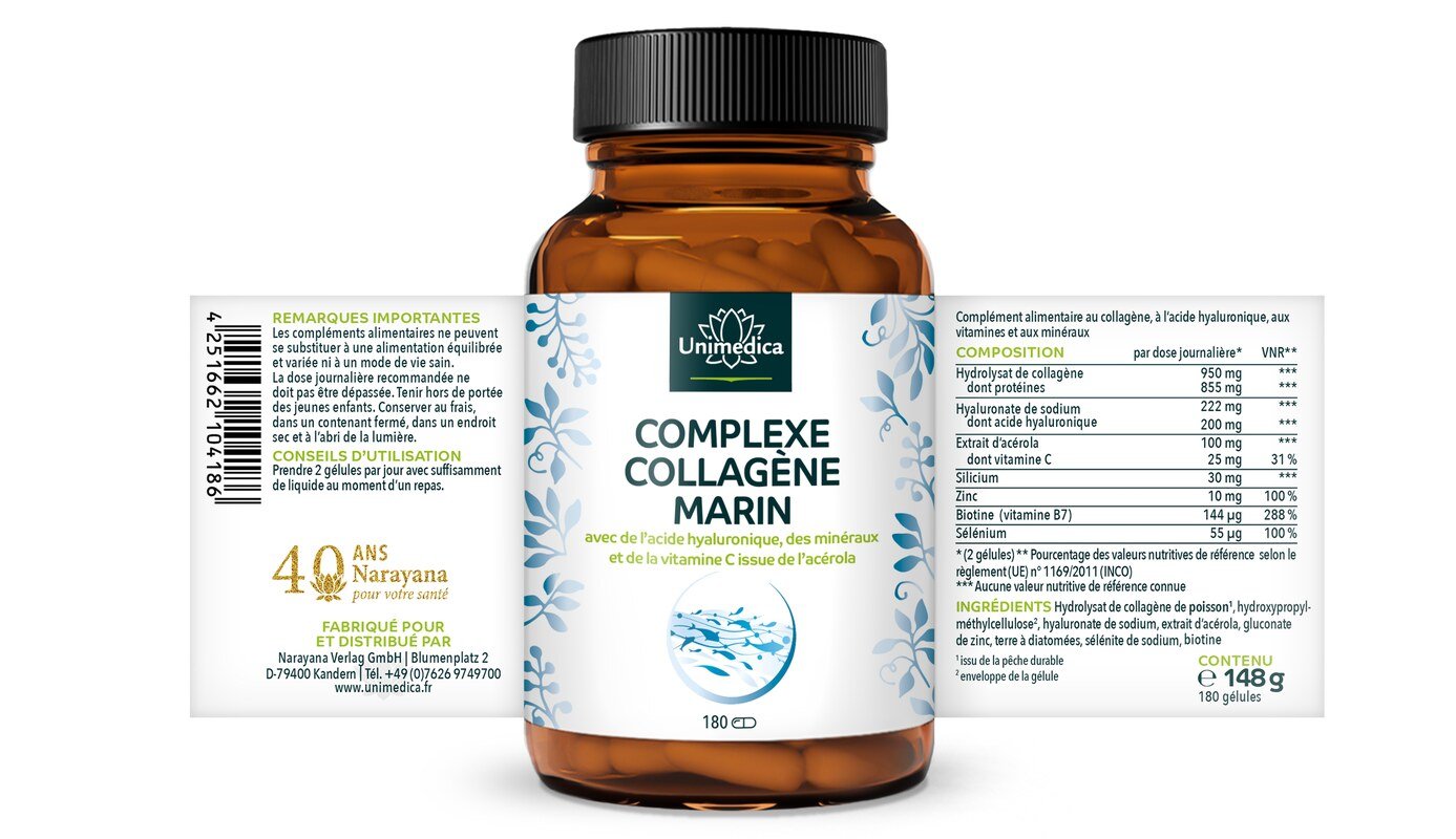 Lot de 2: Complexe collagène marin - avec hyalron, vitamines et minéraux - 2 x 180 gélules - par Unimedica