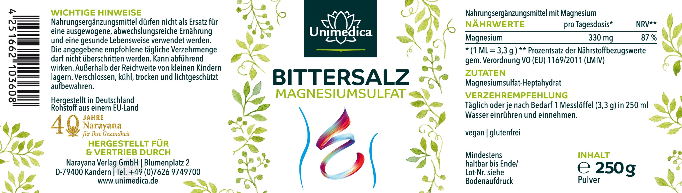 Sel d'Epsom - Sulfate de magnésium 330 mg - 250 g - par Unimedica
