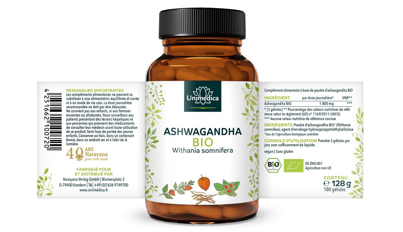 Lot de 2: Ashwagandha BIO  1 800 mg par dose journalière (3 gélules)  hautement dosé - 2 x 180 gélules - par Unimedica