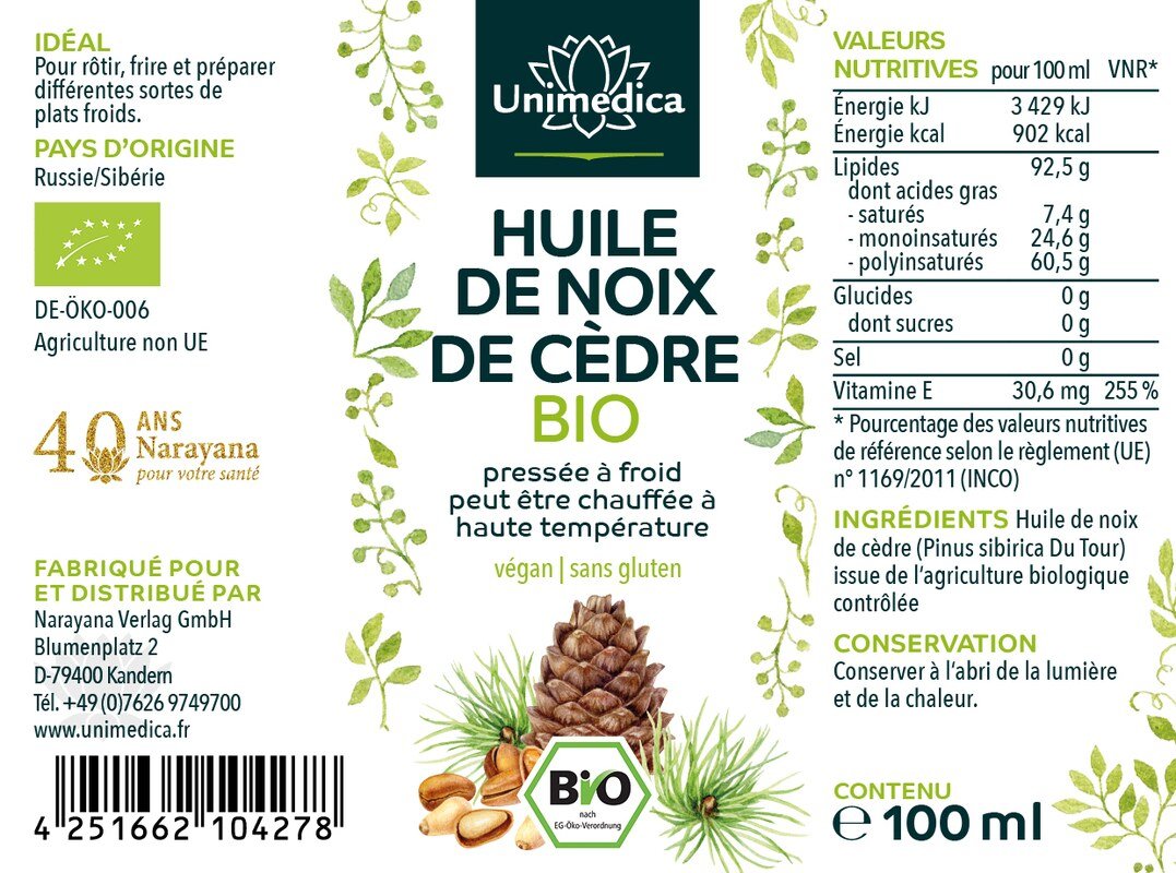 Huile de noix de cèdre BIO - 100 ml - par Unimedica