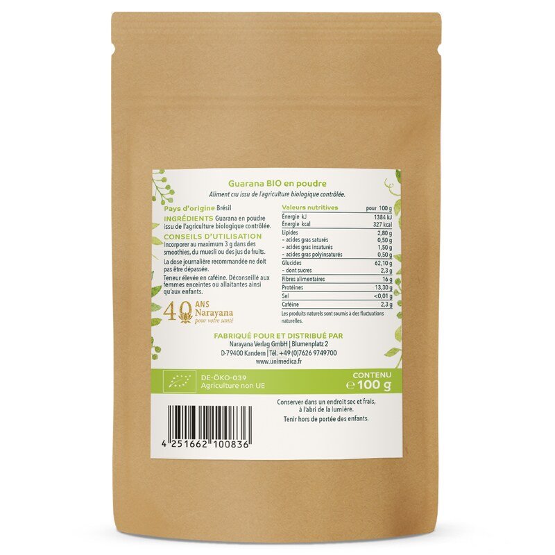 Guarana BIO en poudre  alternative au café, contient de la caféine naturelle - 100 g - par Unimedica