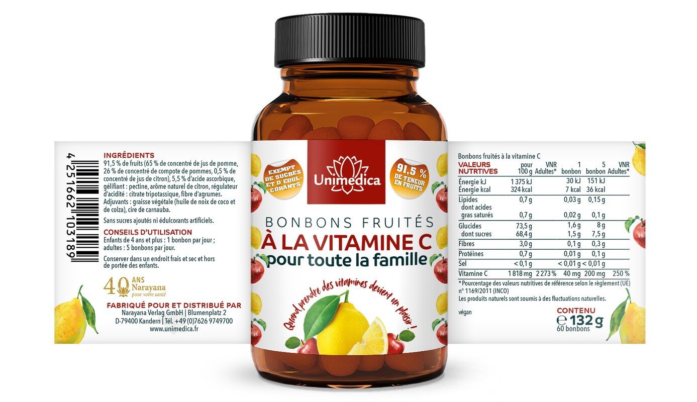 Lot de 2: Gommes aux fruits à la vitamine C pour toute la famille - 2 x 60 gommes - par Unimedica
