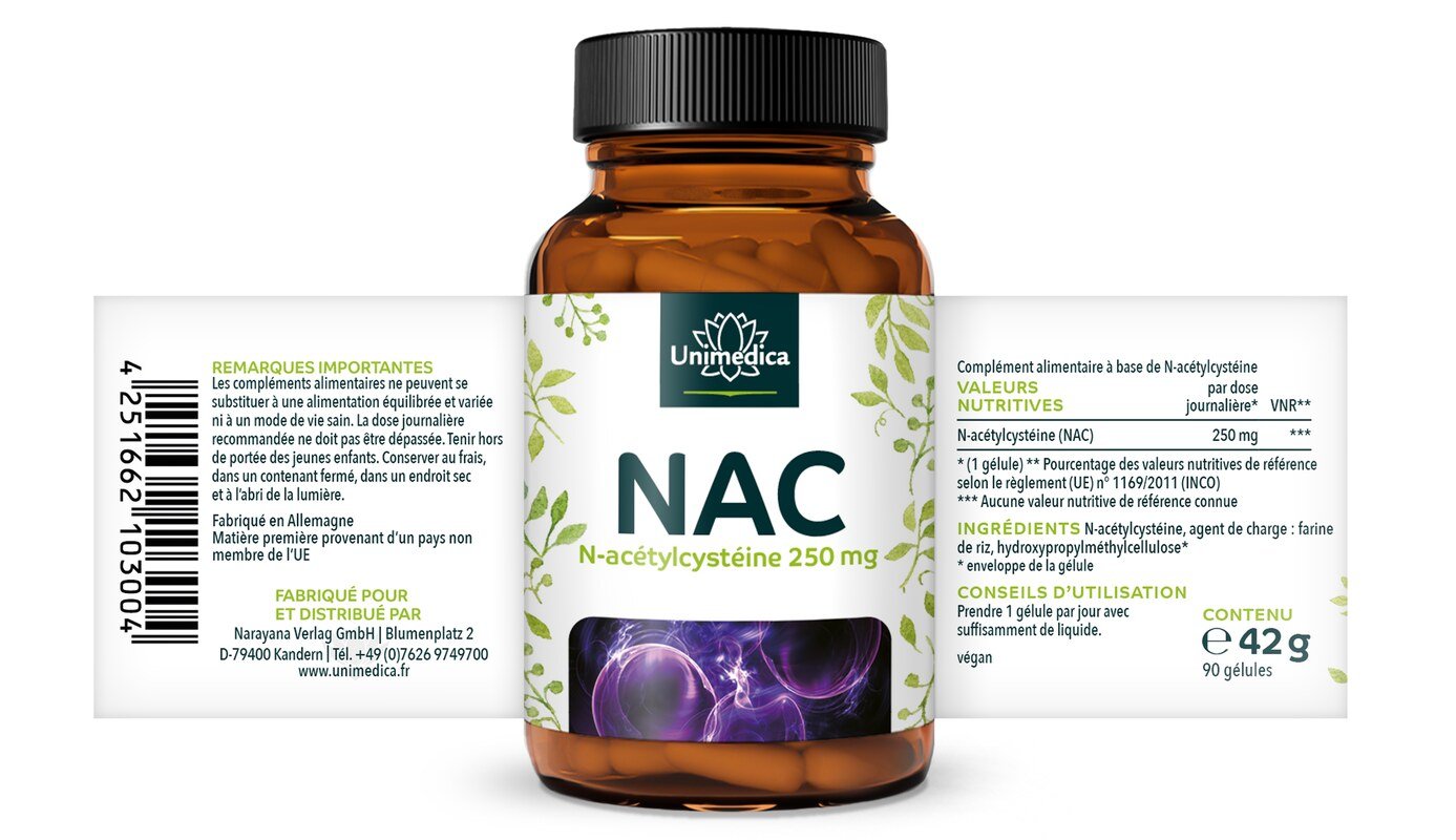 Lot de 2: NAC - 250 mg - N-Acétyl-Cystéine de Fermentation Naturelle - 2 x 90 gélules - par Unimedica
