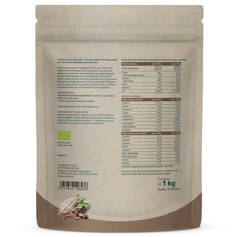 Bio Whey Protein - Chocolat - 67 % de protéines - 1 kg - par Unimedica
