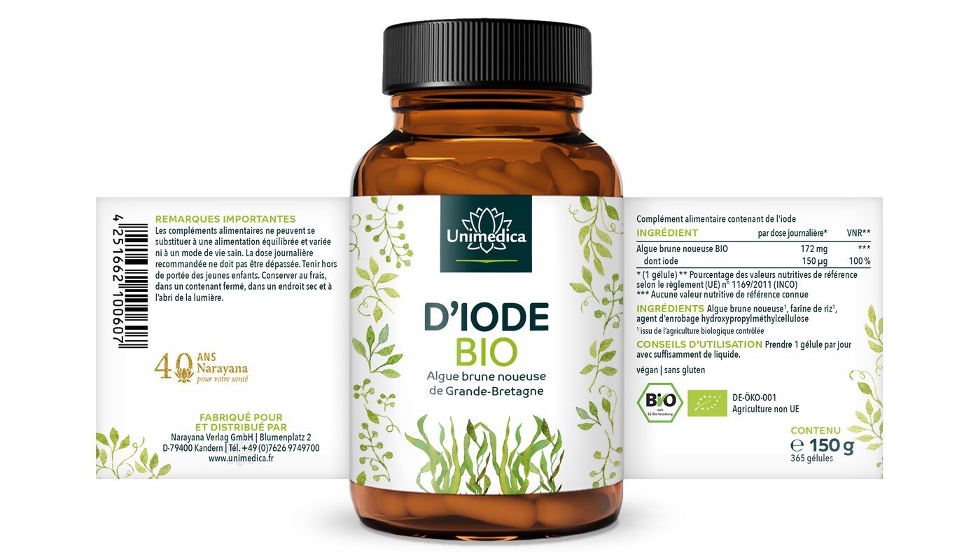 Gélules d'iode BIO - 150 µg d'iode naturel issu d'algues brunes nodulées - 365 gélules - par Unimedica