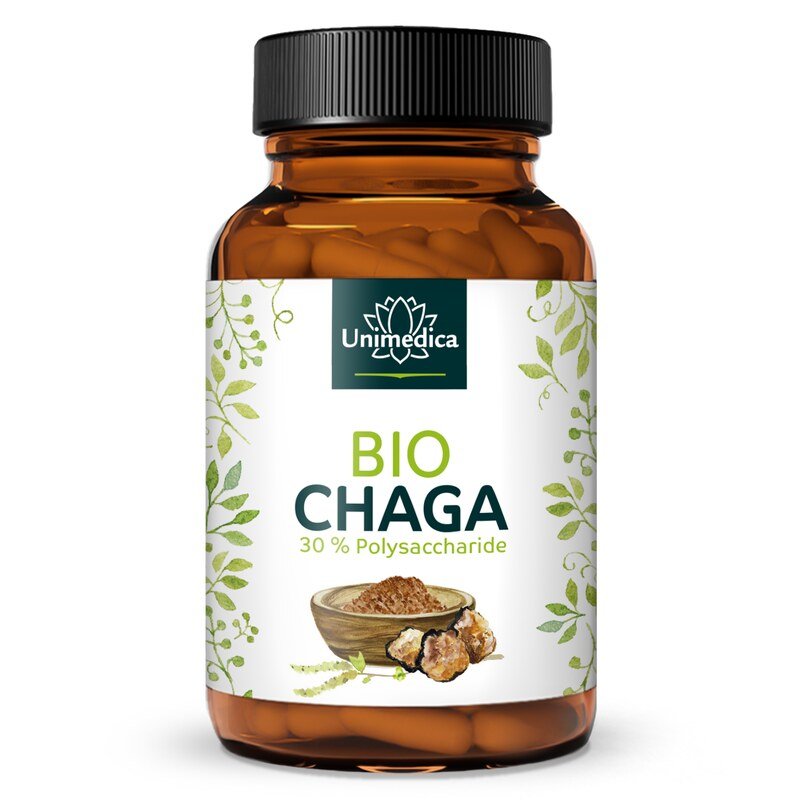 Chaga bio - 1 000 mg par dose journalière (2 gélules) - extrait avec 30 % de polysaccharides  haut dosage - 90 gélules - par Unimedica