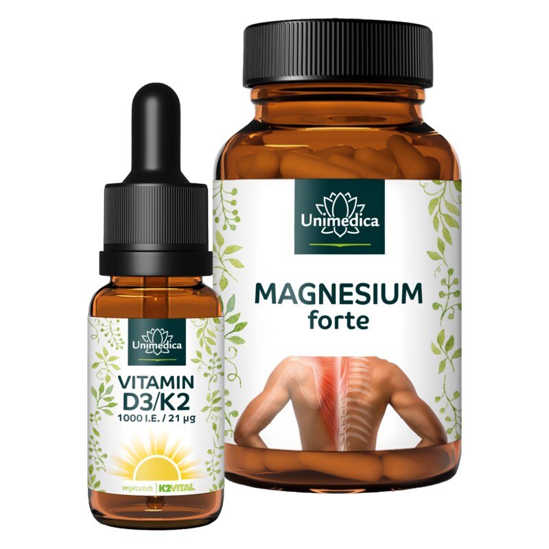 Lot: Vitamine D3 / K2 MK7 all-trans - D3 1 000 UI. 25 µg / K2 20 µg sous forme de gouttes - 50 ml et Magnesium forte - 400 mg - 365 gélules   dans le set - par Unimedica