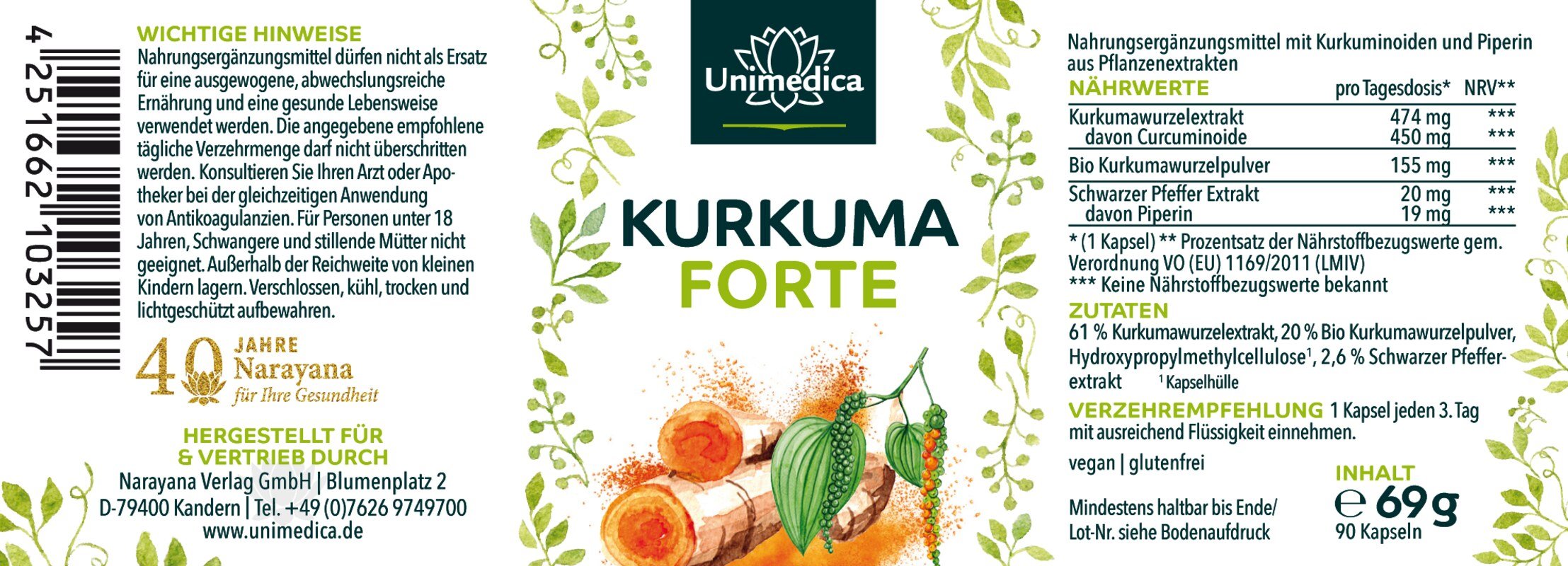 Curcuma FORTE  au poivre noir - 90 gélules - par Unimedica