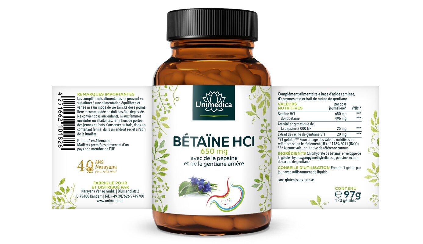 Betaïne HCL - 650 mg - avec pepsine et gentiane amère - 120 gélules - Unimedica
