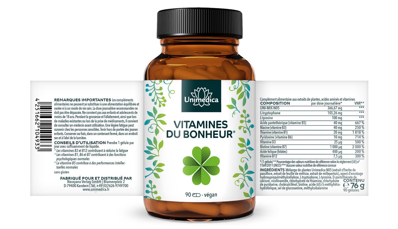 Lot de 2: Vitamines du bonheur* - avec du millepertuis, de la passiflore, du tryptophane et de la tyrosine - 2 x 90 gélules - par Unimedica