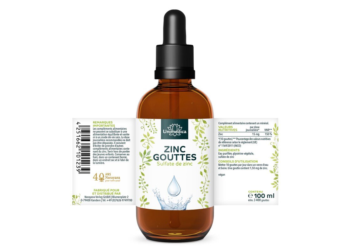 Zinc sous forme de gouttes de sulfate de zinc - 15 mg par dose journalière - 100 ml - par Unimedica