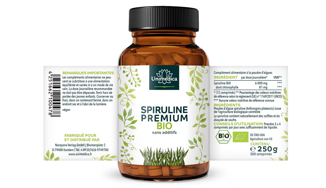 Lot de 2: Spiruline BIO - 6000 mg -- par dose quotidienne - hautement dosée - 2 x 500 comprimés - par Unimedica