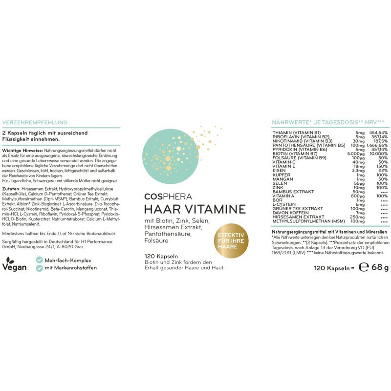 Vitamines pour les cheveux-  Cosphera  hautement dosé - 120 gélules véganes