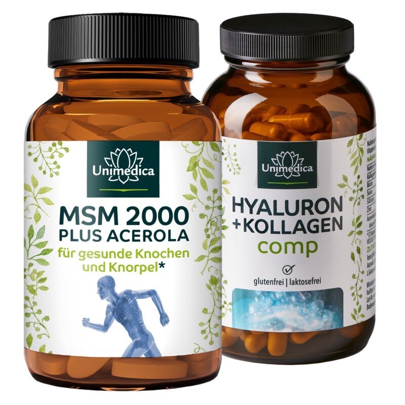 Lot: 1x MSM 2000 plus acerola - 365 comprimés + 1x Acide hyaluronique + collagène comp. avec vitamines et minéraux - 180 gélules - par Unimedica