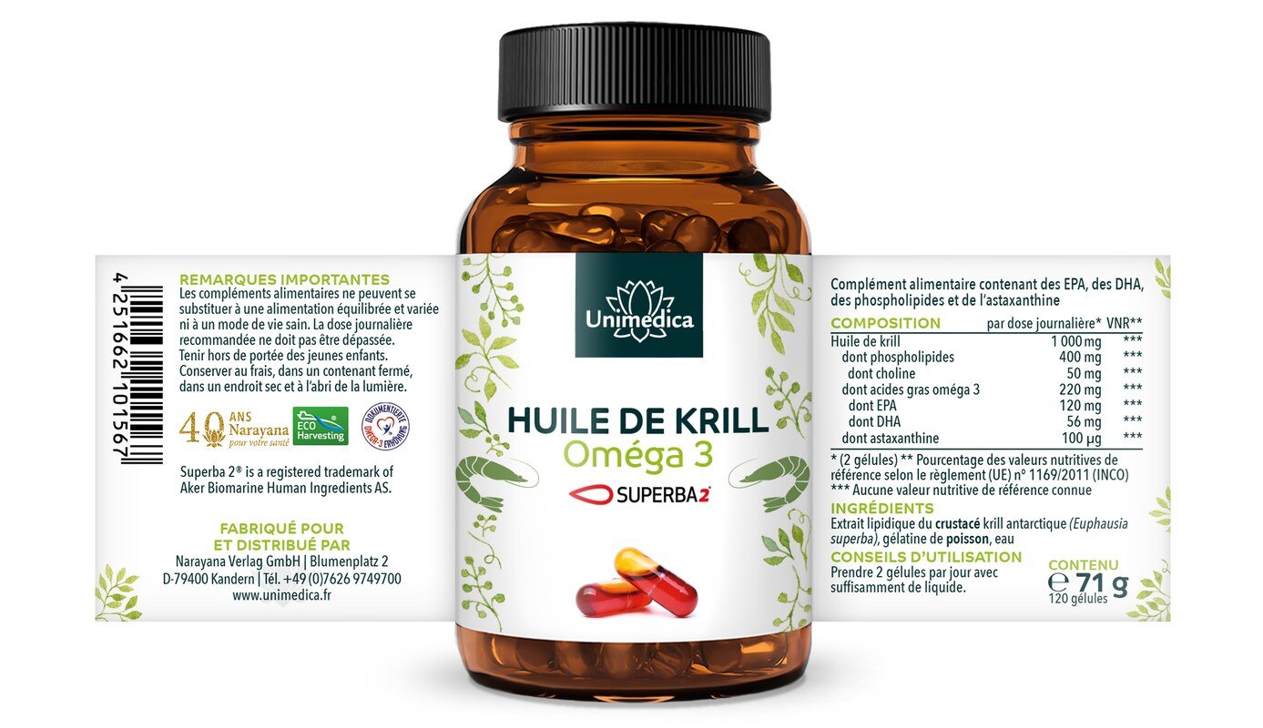 Huile de krill Superba 2™  riche en acides gras oméga-3 EPA + DHA  1 000 mg d'huile de krill par dose quotidienne (2 capsules) - 120 capsules de gel dur (Licaps®) - par Unimedica - offre exceptionnelle